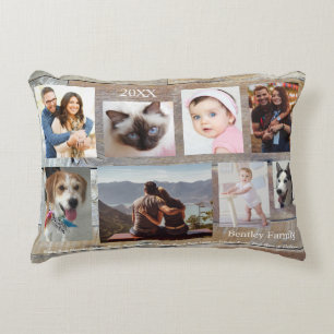 8 Family Photos, Wood Grain, DIY Name & Year Decorative Cushion