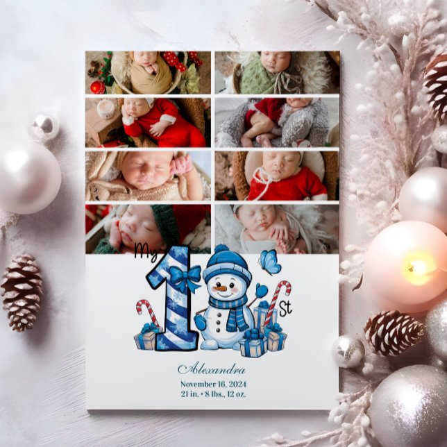 8 Photo Blue Snowman First Christmas Holiday Card (Creator Uploaded)