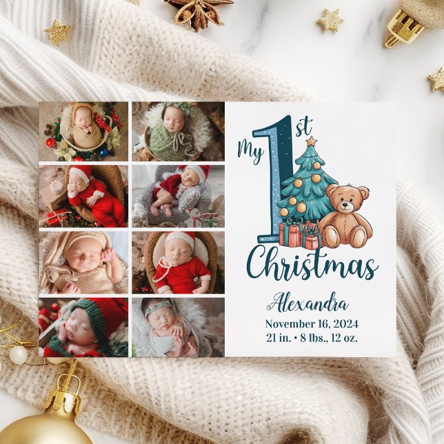 8 Photo Blue Teddy Baby 1st Christmas Holiday Card (Creator Uploaded)