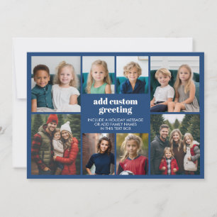 8 Photo Border - Blue - Simple White Text Greeting Holiday Card