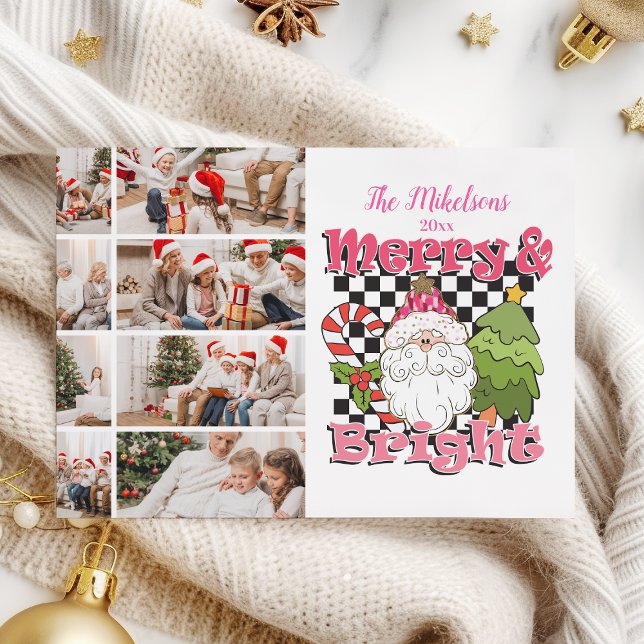 8 Photo Chequered Merry & Bright Christmas Holiday Card (Creator Uploaded)