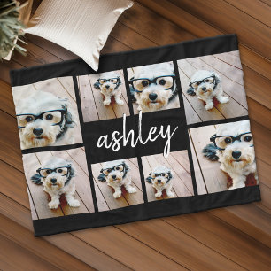 8 Photo Collage Add Your Name Calligraphy Black Fleece Blanket