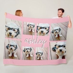 8 Photo Collage Add Your Name Calligraphy Pink Fleece Blanket