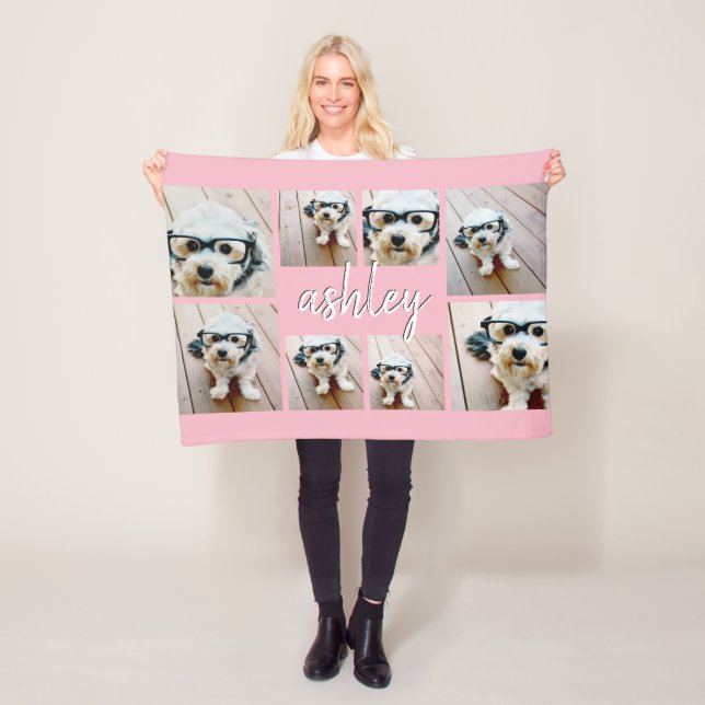 8 Photo Collage Add Your Name Calligraphy Pink Fleece Blanket (In Situ)