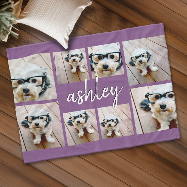 8 Photo Collage Add Your Name Calligraphy Purple Fleece Blanket (Personalized fleece blanket with 8 photos and custom text)