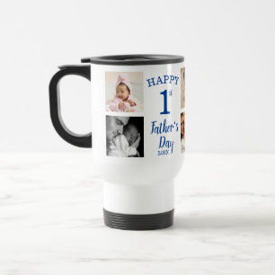 8 Photo Collage  Blue Happy First Father's Day Travel Mug