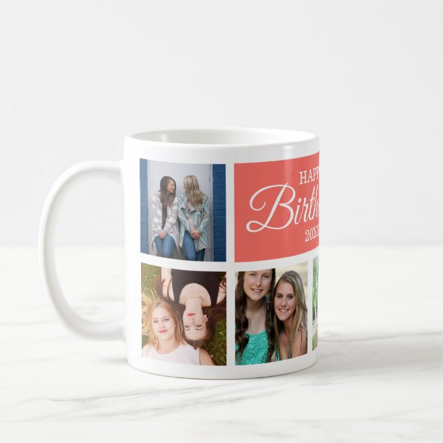 8 Photo Collage Coral Happy Birthday   Coffee Mug (Left)