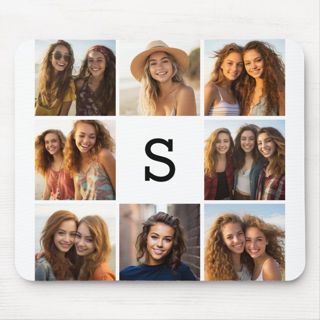 8 Photo Collage Custom Monogram Black and White Mouse Pad (Front)