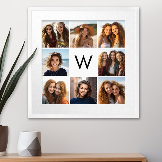 8 Photo Collage Custom Monogram Black and White Poster (Custom Poster with 9 Photos)