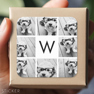 8 Photo Collage Custom Monogram Black and White Square Sticker