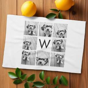 8 Photo Collage Custom Monogram Black and White Tea Towel