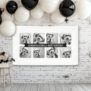 8 Photo Collage - Custom Text Ribbon - Black White Banner