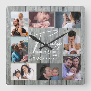 8 Photo Collage Family  Love Quote Grey Wood Square Wall Clock