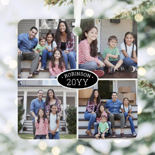 8 Photo Collage Family Name & Year Black & White Metal Tree Decoration