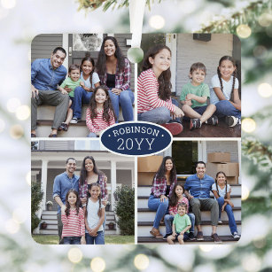 8 Photo Collage Family Name & Year Navy Blue White Metal Tree Decoration