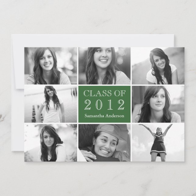8 Photo Collage Graduation Invitation Green (Front)