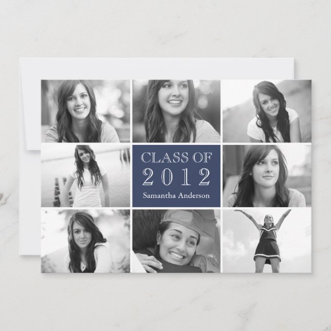 8 Photo Collage Graduation Invitation Navy (Front)