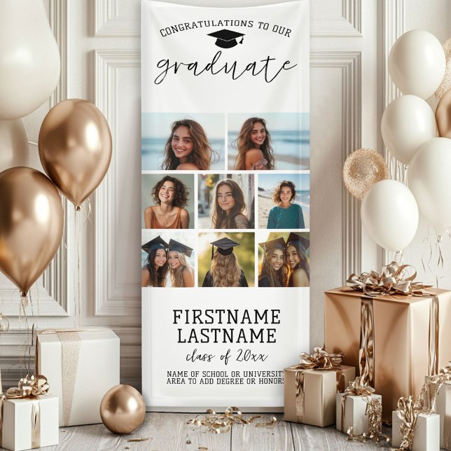 8 Photo Collage Graduation Modern Minimal White Banner (Custom Graduation Photo Banner - Great backdrop and Graduation Party Decoration)