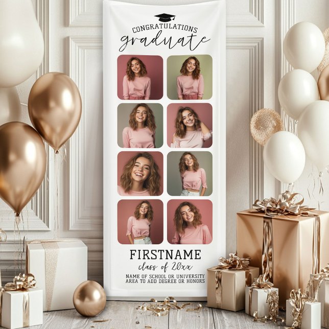 8 Photo Collage Graduation Modern Minimal White Banner (Custom Graduation Photo Banner - Great backdrop and Graduation Party Decoration)