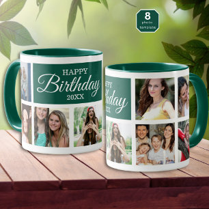8 Photo Collage Green Happy Birthday Mug