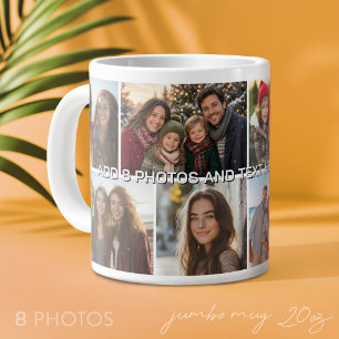 8 Photo Collage Grid - Custom Text Large Coffee Mug