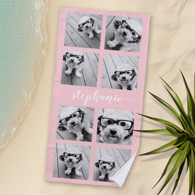 8 Photo Collage - Handwritten Name Blush Pink Beach Towel (Personalized Beach Towel - Photo Collage -- Use Color or Black and White Photos)