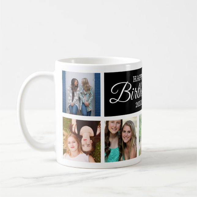 8 Photo Collage Happy Birthday Black Coffee Mug (Left)