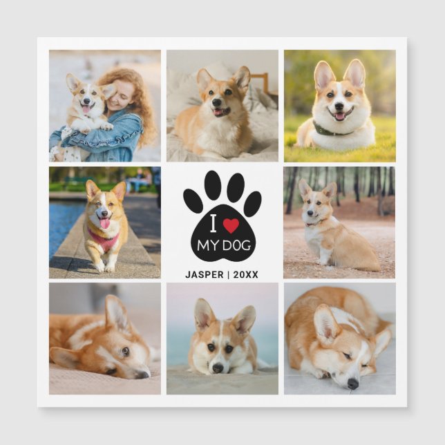 8 Photo Collage Heart I Love My Dog Magnetic Card (Front)