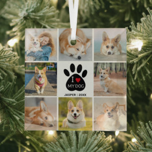 8 Photo Collage I Love My Dog Heart Paw Print Glass Tree Decoration