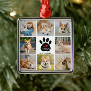 8 Photo Collage I Love My Dog Heart Paw Print Metal Ornament