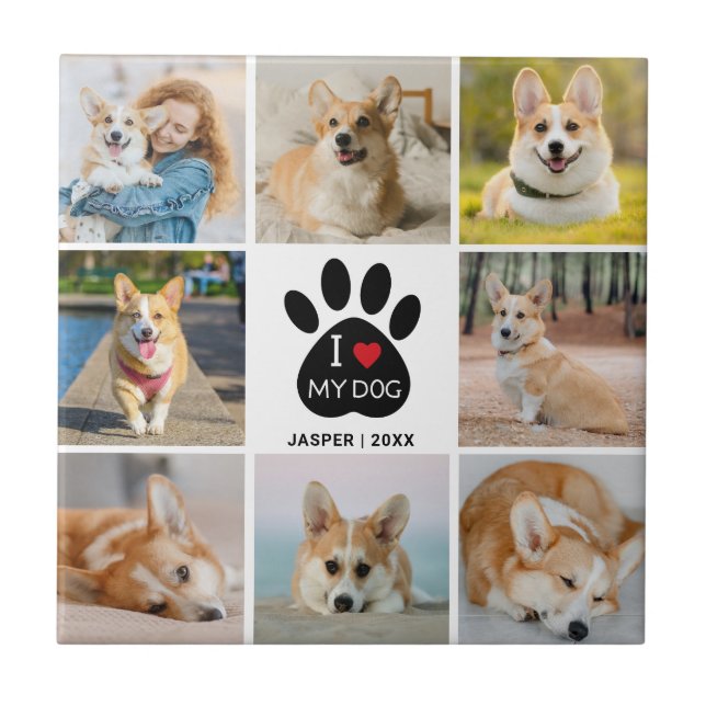8 Photo Collage I Love My Dog Paw Print  Ceramic Tile (Front)