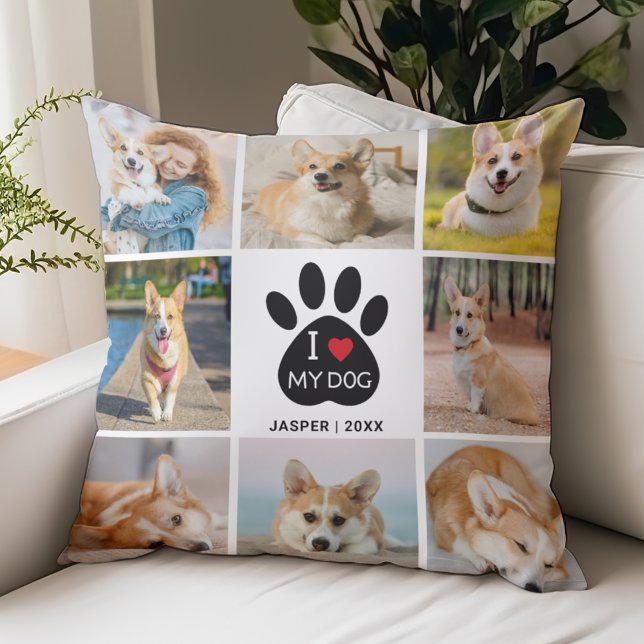 8 Photo Collage I Love My Dog Paw Print Cushion (8 Photo Collage, Add Name and Year, I Love My Dog Pillow)