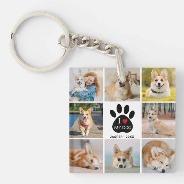 8 Photo Collage I Love My Dog Paw Print  Key Ring (Front)