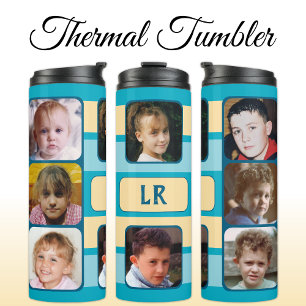 8 photo collage initials blue beige thermal tumbler