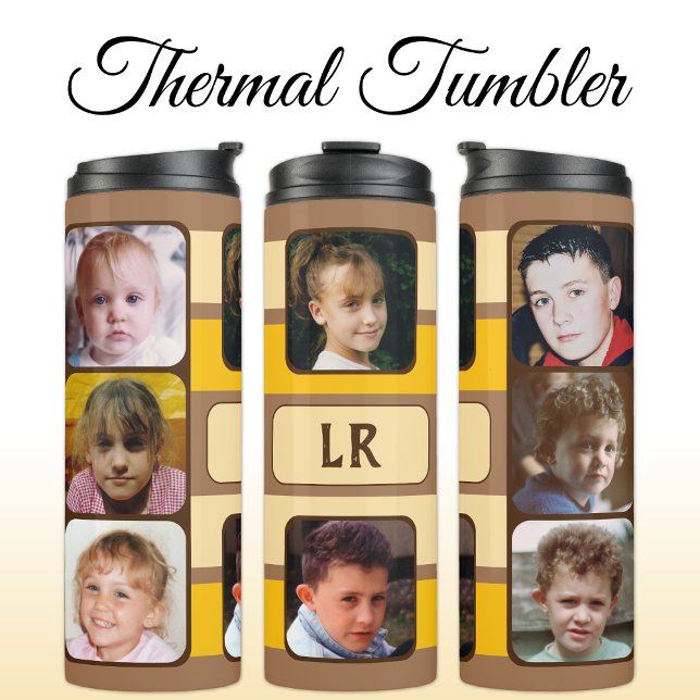 8 photo collage initials orange brown thermal tumbler (Creator Uploaded)
