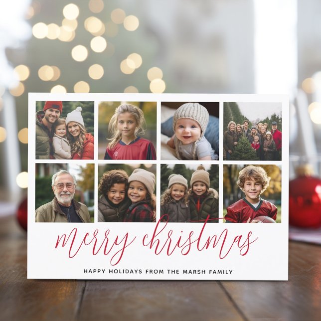 8 Photo Collage - Merry Christmas Red Pattern Holiday Card (8 Photo Christmas Card with a modern script)
