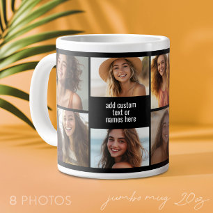 8 Photo Collage Minimalist - Black and White Grid Large Coffee Mug