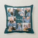8 Photo Collage Modern Family Personalised | Teal Cushion<br><div class="desc">This simple,  modern styled throw pillow features 8 photo templates,  as well as 2 text templates (name and year). Stylish hand lettered typography spells out the word,  "Family."</div>