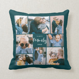 8 Photo Collage Modern Family Personalised   Teal Cushion