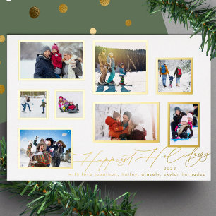 8 Photo Collage   Modern Gold Frames Foil Holiday Card