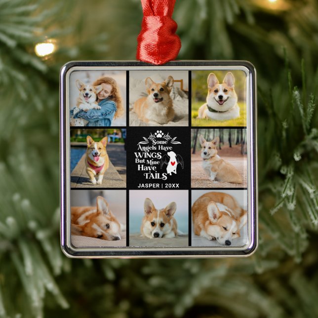 8 Photo Collage Pet Dog Loss Remembrance Metal Ornament (Tree)