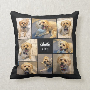 8 Photo Collage   Pet Name Black Cushion