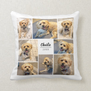 8 Photo Collage   Pet Name White Cushion