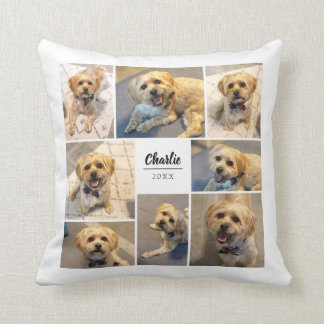 8 Photo Collage | Pet Name White Cushion
