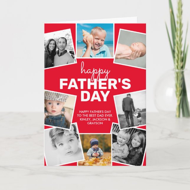 8 Photo Collage Red Happy Father's Day Card (Front)