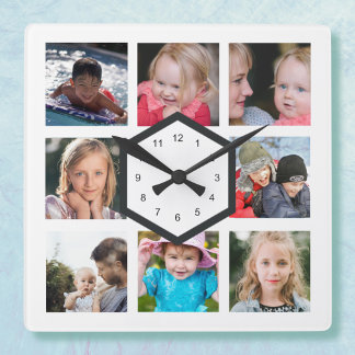8 Photo Collage White Square Wall Clock