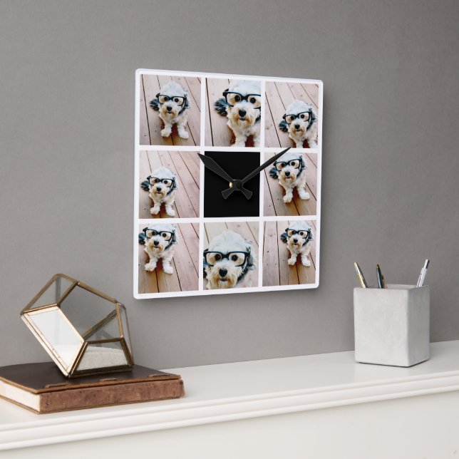 8 Photo Collage - with black accent colour Square Wall Clock (Office)