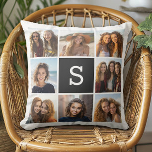 8 Photo Collage with Black White Monogram Cushion