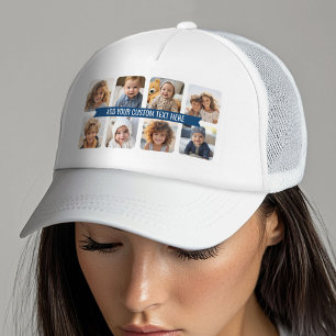 8 Photo Collage with Custom Text Navy Blue Ribbon Trucker Hat