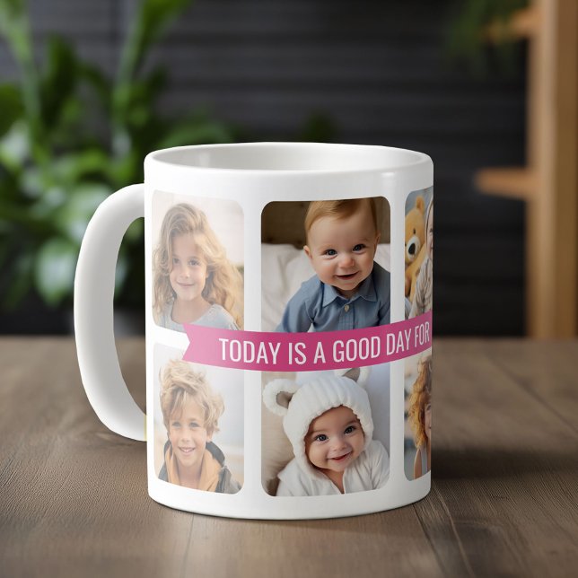 8 Photo Collage with Custom Text Ribbon - Pink Coffee Mug (Custom Photo Mug)